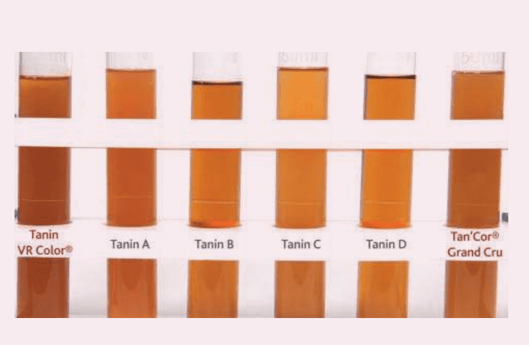Results of ethanal test with 4 products of the market. TANIN VR COLOR® is the most reactive to acetaldehyde (ethanal), key step in the colour stabilisation and formation of tannin-anthocyanin complexes.